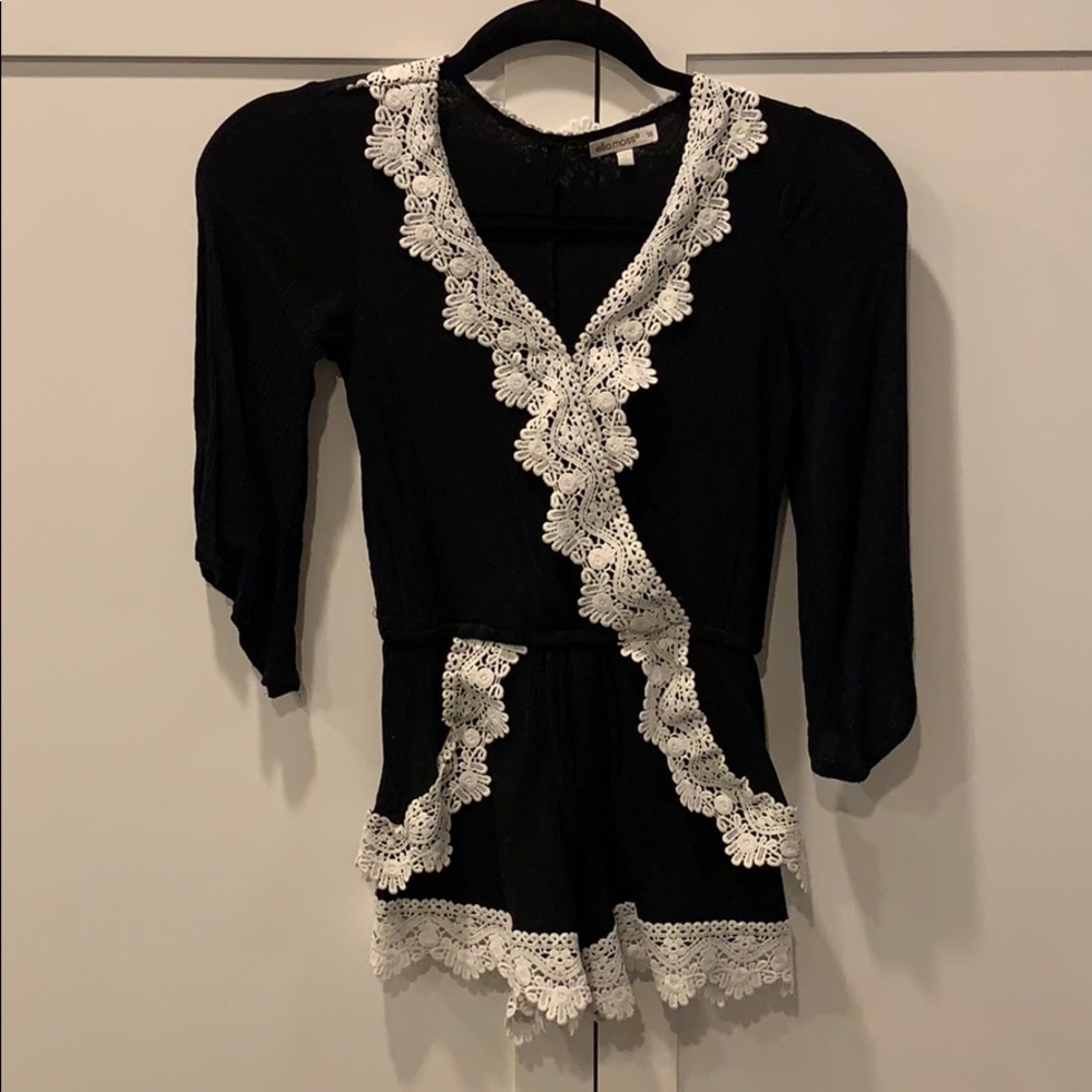 Girls Ella Moss Black Romper With Lace Trim